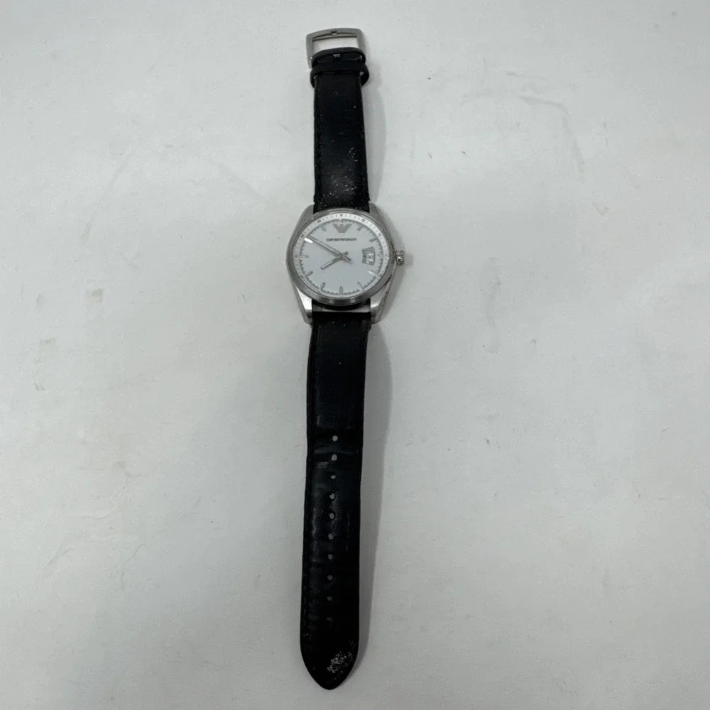 Emporio Armani Black Leather‎ Band Mens Watch AR6015 Needs Battery